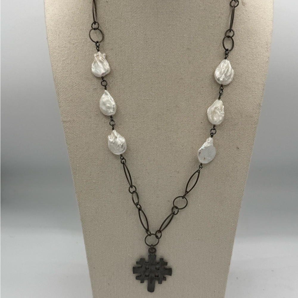 4 Lula n Lee 36” Freshwater Coin Pearls Hematite Chain Gunmetal Pendant